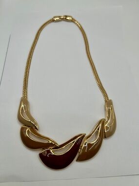 Vintage Gold Enamel Chain Necklace with Brown Tan Beige design